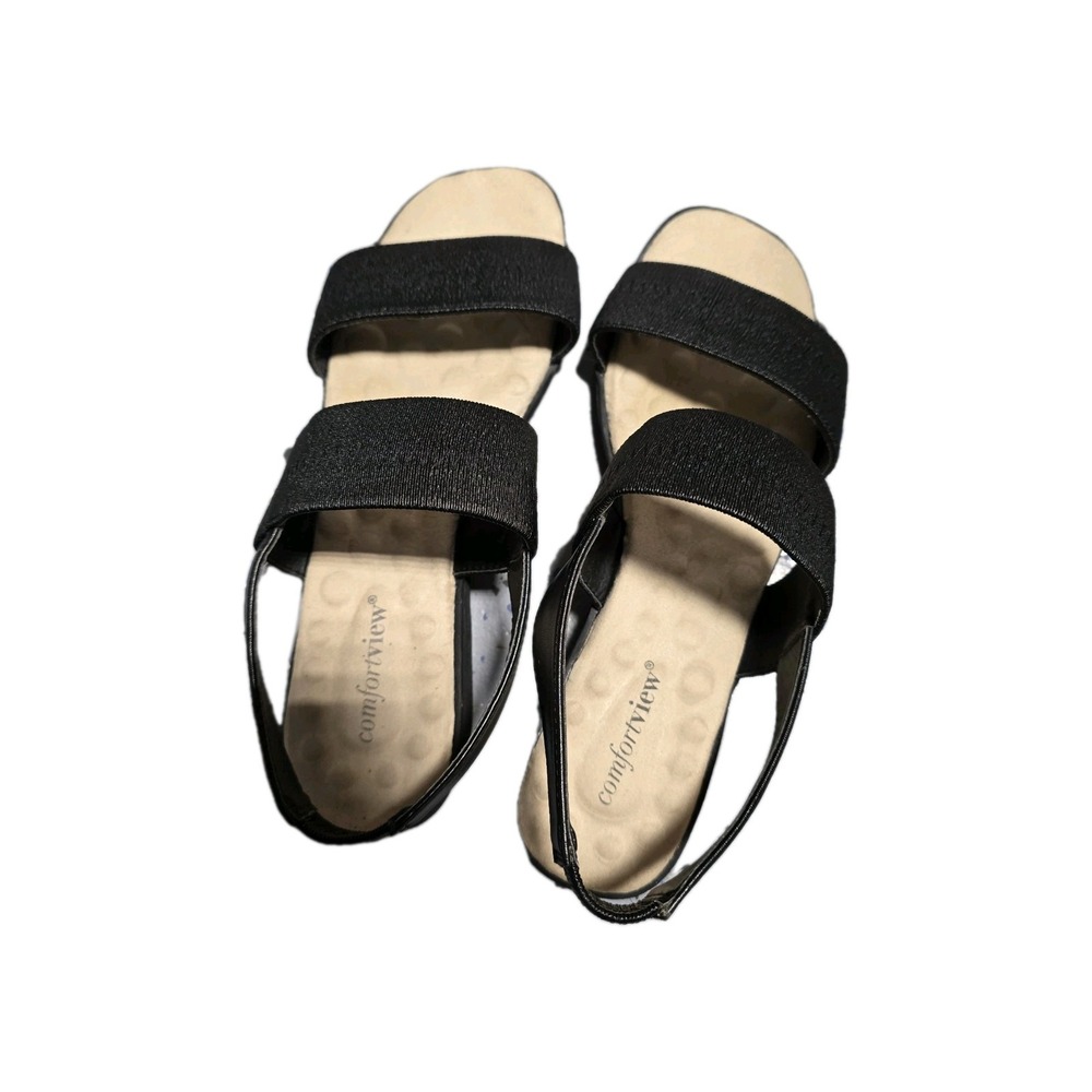Comfortview Zuri Black Elastic Strap Sandals Women's Size 8.5 M Low Wedge Heel